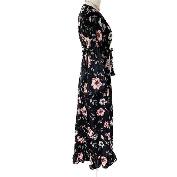 MISA Los Angeles Luna Black Floral Satin Balloon Sleeve Wrap Dress size S small - Picture 7 of 10